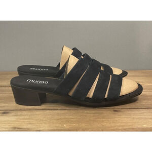 Munro Women's Adrianne Sandals Size 7.5 Wide Black Suede Block Heel Strappy